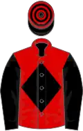 Red, black diamond and sleeves, black and red hooped cap