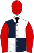 Dark blue and white (quartered), red sleeves and cap