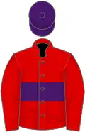 Red, purple hoop, purple cap