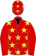 RED, yellow stars, red sleeves, red cap, yellow stars