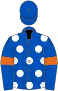 Royal blue, white spots, orange armlets, royal blue cap
