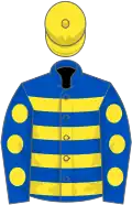 Royal blue, yellow hoops, royal blue sleeves, yellow spots, yellow cap