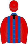 Royal Blue and Red stripes, Red sleeves and cap