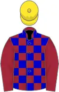 Maroon and blue check, maroon sleeves, yellow cap