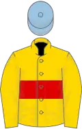 Gold, red hoop, light blue cap