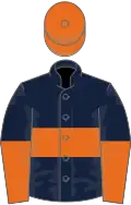 Dark blue, orange hoop, halved sleeves, orange cap