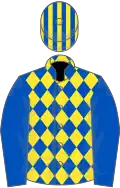 Royal blue and yellow diamonds, royal blue sleeves, striped cap