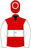 Red, white hoop, white sleeves, red cap, white hoop
