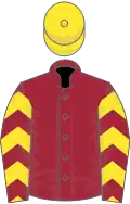 Maroon, yellow chevrons on sleeves, yellow cap