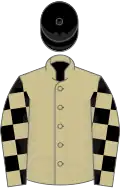 Beige, beige and black check sleeves, black cap