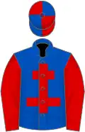 Royal blue, red cross of lorraine and sleeves, red and royal blue quartered cap
