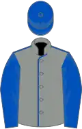 Grey, royal blue seams, sleeves and cap
