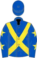 Royal blue, yellow cross belts, royal blue sleeves, yellow stars