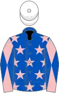 Royal blue, pink stars, pink and royal blue diabolo on sleeves, white cap