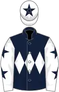 Dark blue, white triple diamond, white sleeves, dark blue stars, white cap, dark blue star