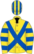 Yellow, royal blue cross belts, hooped sleeves, striped cap