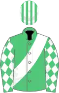 EMERALD GREEN,white sash and diamonds on slvs,emerald green and white striped cap
