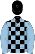 Black and light blue check, light blue sleeves, black cap