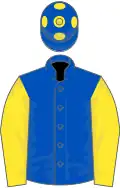 Royal blue, yellow sleeves, blue cap, yellow spots