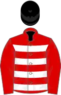 RED and WHITE HOOPS, red sleeves, black cap
