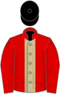 Red, beige stripe, black cap