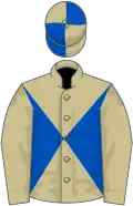 Beige and royal blue diabolo, beige sleeves, quartered cap