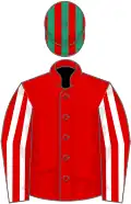 RED, red and white striped sleeves, red and emerald green striped cap