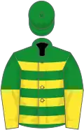 Green and yellow hoops, halved sleeves, green cap