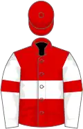 Red, white hoop, white sleeves, red armlets