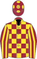 Maroon and yellow check, striped sleeves, maroon cap, yellow spots