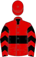 RED, black hoop, black chevrons on sleeves, red cap