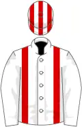 White, red braces, striped cap