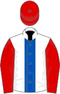 White, royal blue stripe, red sleeves and cap