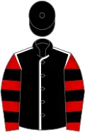 Black, white seams, red and black hooped sleeves, black cap