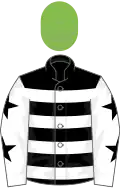 Black, white hoops, white sleeves, black stars, light green cap