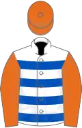 White, royal blue hoops, orange sleeves and cap
