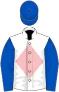 White, pink diamond, royal blue sleeves and cap