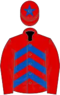 Red and royal blue chevrons, red sleeves, royal blue star on cap