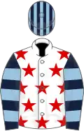 White, red stars, dark blue and light blue hooped sleeves, dark blue and light blue striped cap