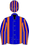 Blue, orange braces, striped sleeves and cap