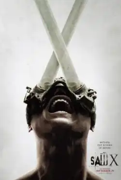 A screaming man has plastic tubes, which form an "X", attached to his eyes.