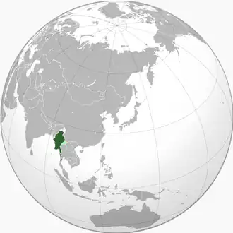 Green: Under government authority Light silver: Remainder of British Burma Light green: Annexed by Thailand