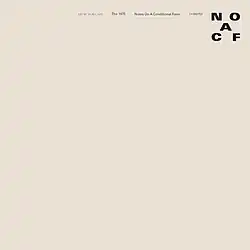 In a orange-brown color, text on the top from left to right in various fonts, "Music For Cars", "The 1975", "Notes On A Conditional Form", "DH00753", and on the top far right, letters "N" and "O" on top, "C" and "F" below, and in between and center, the letter "A".