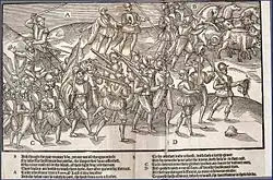 Plate 5. The English soldiers return in triumph, carrying severed Irish heads (the one on the right said to be Maighréad Maol O'Byrne, wife of Rory Óg O'More) and leading a captive by a halter.