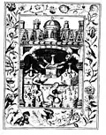 Alchemists experimenting in an early laboratory.