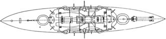Note heavy guns in turrets fore and aft, and secondary armament in central battery.