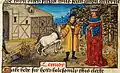 Folio 8v.: Translator addressing his master, with a man ploughing in the background.