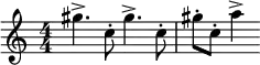 \relative c''' {
\set Score.tempoHideNote = ##t
\numericTimeSignature
\tempo 4 = 126
\set Staff.midiInstrument = #"alto sax"
gis4.-> c,8-. gis'4.-> c,8-. gis'-. c,-. a'4->
}