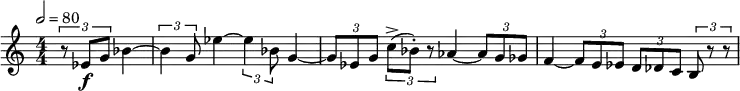 \relative c' { \set Staff.midiInstrument = #"french horn" \clef treble \numericTimeSignature \time 4/4 \tempo 2 = 80 \partial 4*2 \times 2/3 { r8 ees\f g } bes4~ | \times 2/3 { bes4 g8 } ees'4~ \times 2/3 { ees4 bes8 } g4~ | \times 2/3 { g8 ees g } \times 2/3 { c->( bes-.) r } aes4~ \times 2/3 { aes8 g ges } | f4~ \times 2/3 { f8 e ees } \times 2/3 { d des c } \times 2/3 { b r r } }
