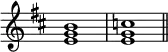 
{
\override Score.TimeSignature
#'stencil = ##f
    \relative c' {
        \time 4/4 \key b \minor
        <e g b>1 <e g c> \bar "||"
    }
}
